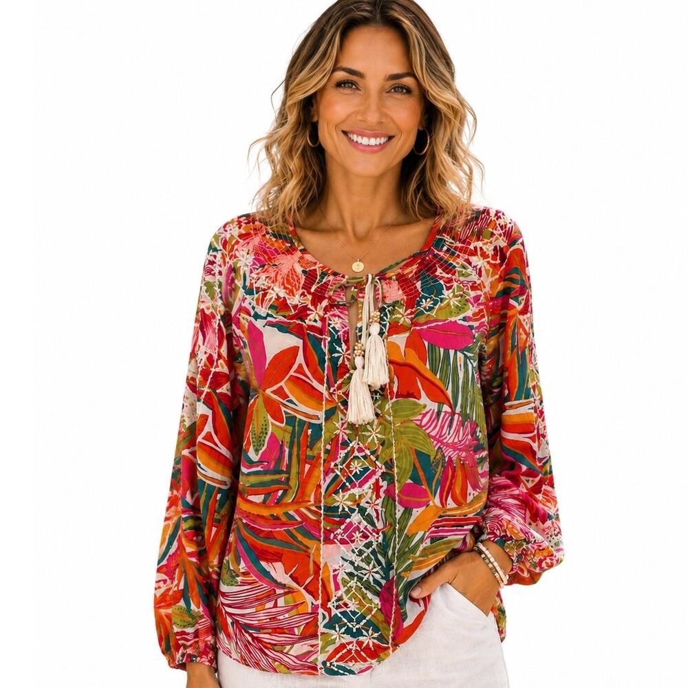 C&C California Embroidered Tassel Top Womens Medium Floral Tropical Boho
